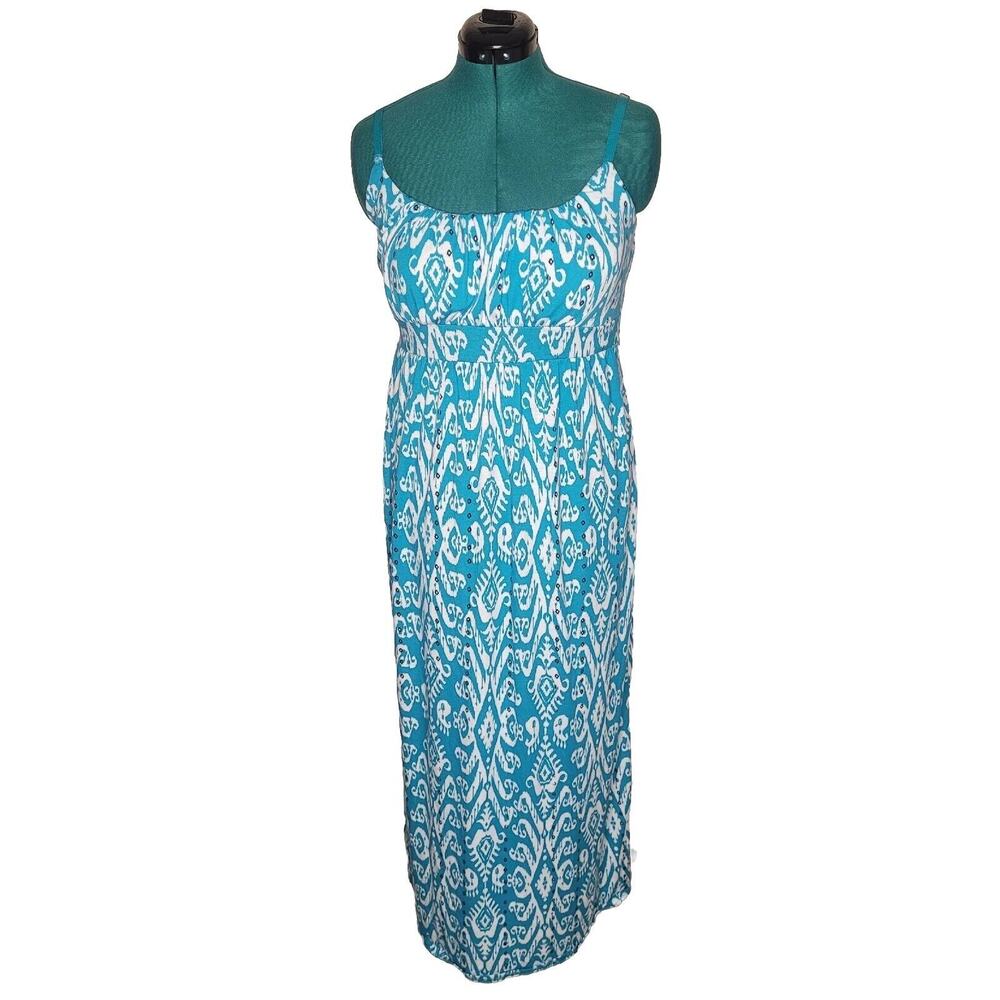 Allison Brittney Size L Turquoise Tribal Ikat Aztec Spaghetti Strap Maxi Dress